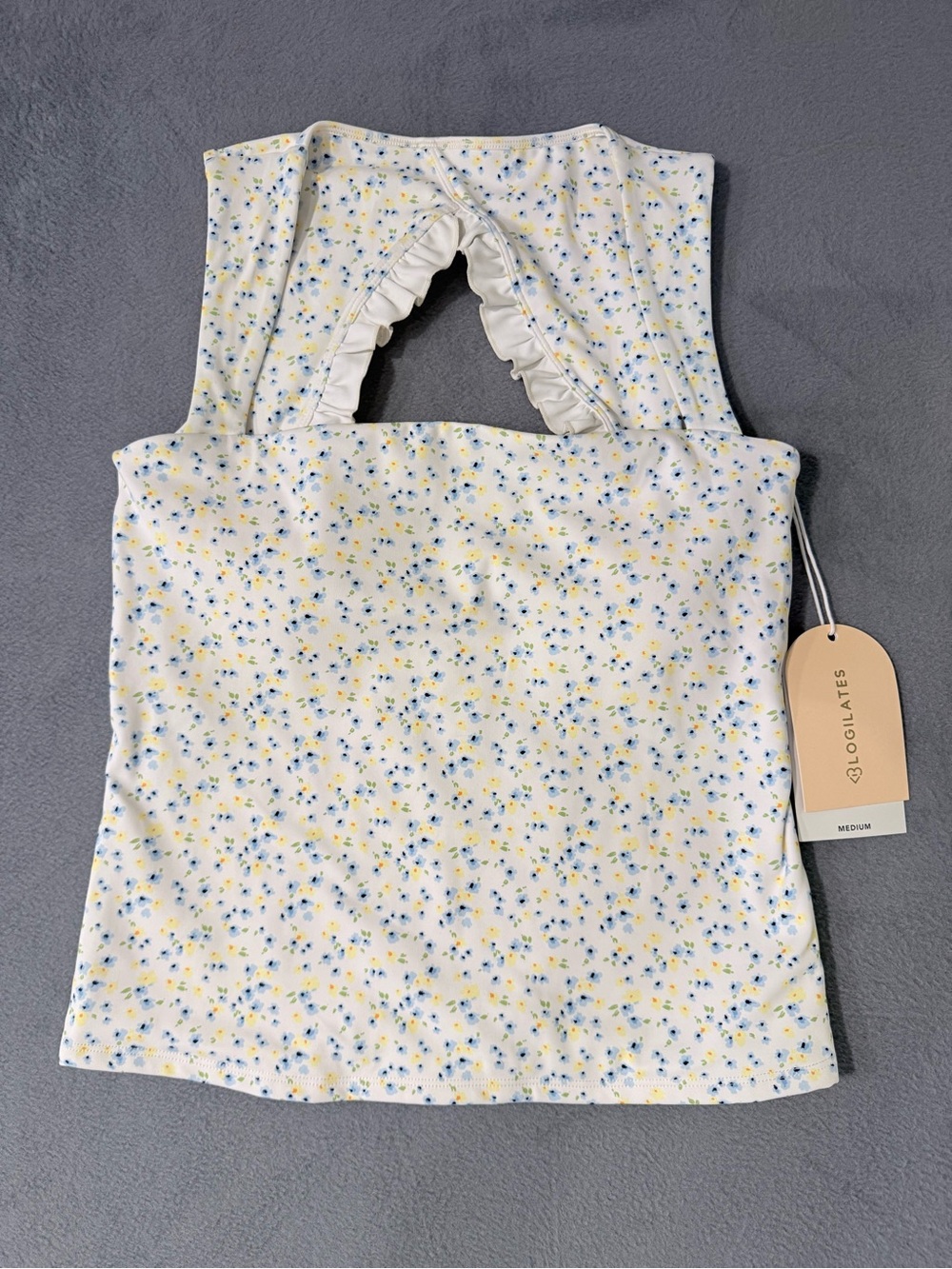Blogilates - Ruffle Back Tank - Blue and Yellow Floral Print